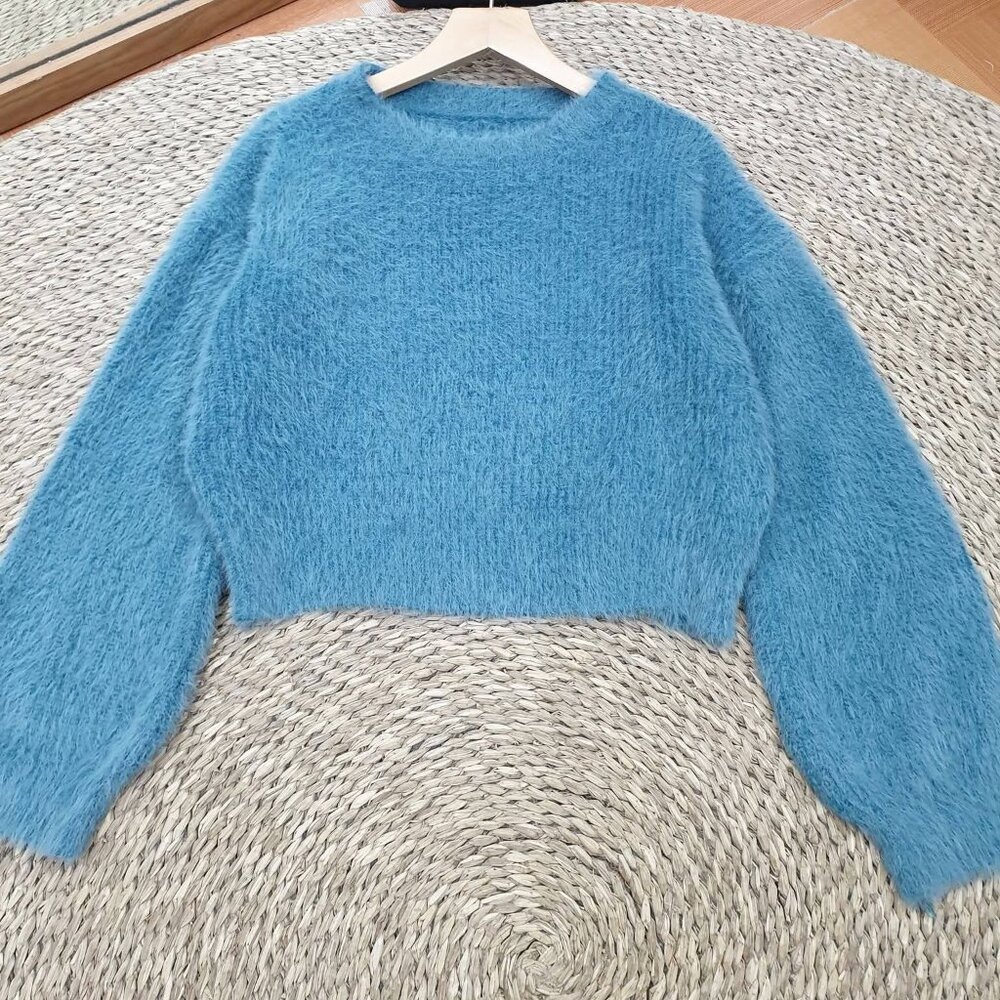Sky Blue Fluffy Fuzzy Cropped Sweater Top Cozy Soft